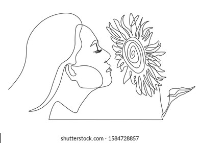 Continuous line Woman with sunflower design, hand drawn style, vector illustration