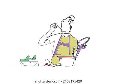 continuous line of woman tasting cuisine.single line vector of mother cooking in the kitchen.line art of cooking food.isolated white background