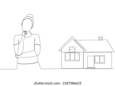 
kontinuierliche Linie der Frau denken über den Kauf einer Haus-Vektorgrafik