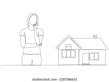 
continuous line woman thinking about buying house vector illustration