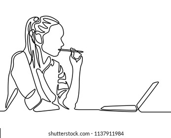 Continuous line woman thinking and bitting a pen. Woman education.