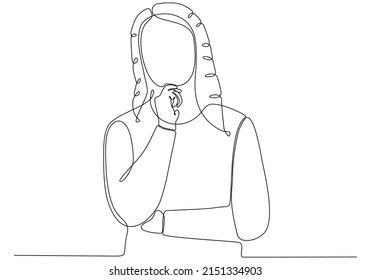 
línea continua de pensamiento de la mujer y conseguir ideas un vector de línea aislado en fondo blanco