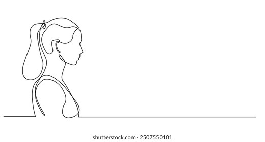 continuous line of woman with tied hair.one line drawing of woman with ponytail seen from the side.single line vector illustration.editable stroke.isolated white background