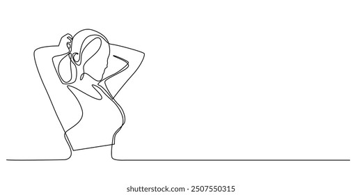 continuous line of woman tying her hair.one line drawing of woman with ponytail hair seen from the side.single line vector illustration.editable stroke.isolated white background