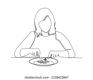 Continuous line of woman using knife and fork eating food vector.