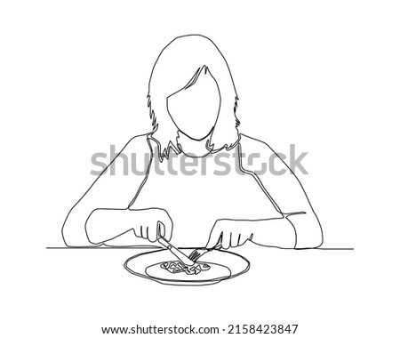 Continuous line of woman using knife and fork eating food vector.
