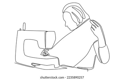 continuous line of woman using sewing machine