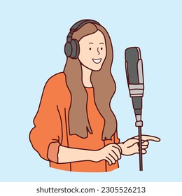continuous line woman working on podcast talking through mic using headphones hand drawn illustration vector