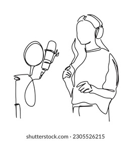 continuous line woman working on podcast talking through mic using headphones hand drawn illustration vector