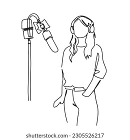 continuous line woman working on podcast talking through mic using headphones hand drawn illustration vector