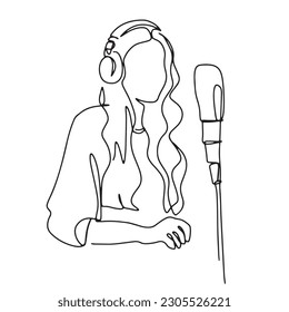 continuous line woman working on podcast talking through mic using headphones hand drawn illustration vector