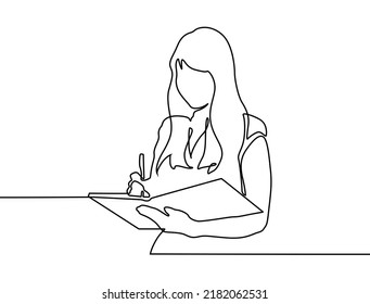 Continuous line woman writing in notebook. Woman education. Continuous one line drawing of a young woman teacher taking notes. Young girl writing on a book while studying in front of a laptop.