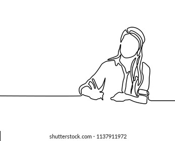 Continuous line woman writing with pen. Woman education.