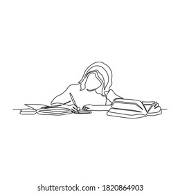 Continuous line woman writing with pen. education