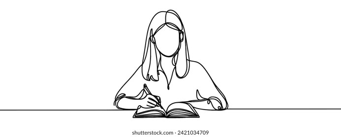 Continuous line woman writing with pen. Woman education.
