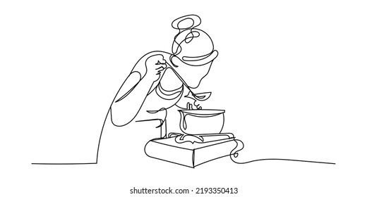 a continuous line of women cooking. a female chef smells the aroma of cooking in the kitchen. a mother tastes a dish