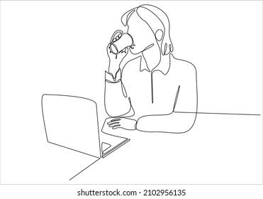 
continuous line of women drinking tea in front of laptop