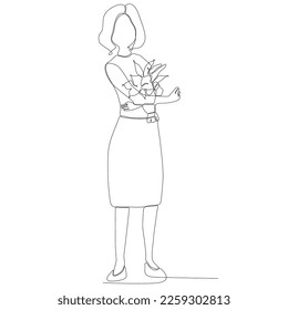 
línea continua de mujeres. un dibujo de una mujer llevando flores. arte de línea de mujer con flor de flores