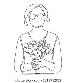 continuous line of women. one line drawing of woman carrying flowers. line art of woman with flower wreath