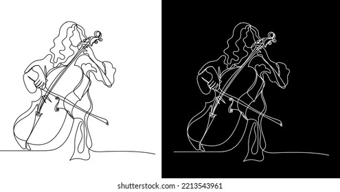 continuous line of women playing the cello.line drawing of women playing the cello.line art of performing cello music