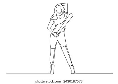 continuous line of women posing with clubs.single line vector of woman holding wooden stick.one line drawing vector illustration.isolated on white background