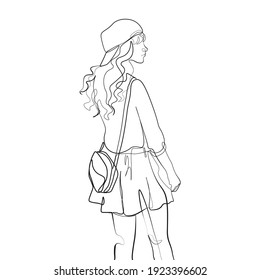 Continuous line Women wearing freckles Go out to travel, beautiful, modern fashion, simple lines Hand drawn style illustration vector