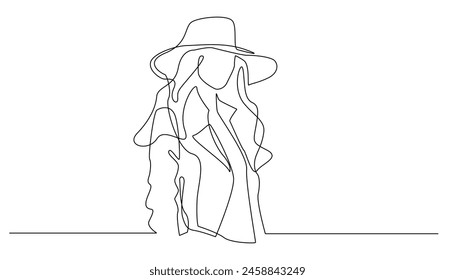 continuous line of women's fashionable clothes with hats.single line of women with leather jackets and big hats