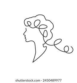 Continuous Line Women's Profile Icon, Monoline Girl Head Silhouette Symbol, One Line Cameo Silhouette, Lady Sign, Female Endless Shape Illustration