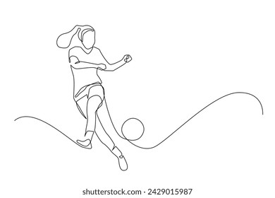 continuous line of women's soccer.single line vector of female soccer player.line art of female soccer player preparing to kick the ball.isolated white background