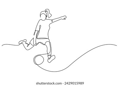 continuous line of women's soccer.single line vector of female soccer player.line art of female soccer player preparing to kick the ball.isolated white background