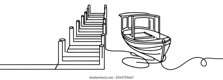 continuous line wooden boat.one line drawing of small wooden boat.single line boat isolated white background.