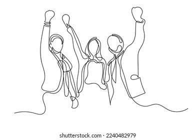 continuous line work group clenched fist.success in work.work group got satisfactory results