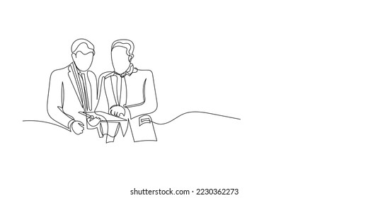 continuous line of work team discussing work. line drawing of 2 men standing discussing and looking at work notebook