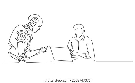 continuous line working with AI technology.one line drawing of man working with laptop and AI robot.interacting with AI.single line vector illustration.editable stroke