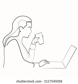 continuous line working with computers company employee student technology modern hand drawn vector illustration doodle one line
