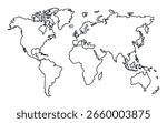 A continuous line world map for global connection, travel destinations, and international boundaries. Depicts continents, oceans, and geographical locations.