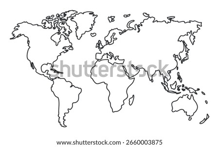 A continuous line world map for global connection, travel destinations, and international boundaries. Depicts continents, oceans, and geographical locations.