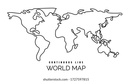 Ilustración continua del mapa mundial de líneas. Contorno simple de una línea de tierra, esbozo de mapa global vectorial monoline, diseño de mapa lineal mínimo, dibujo de un contorno único