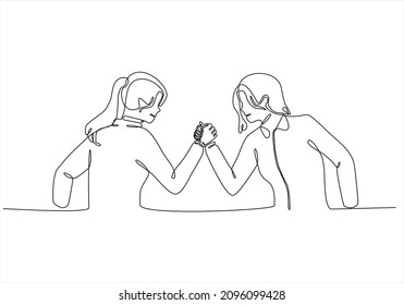 
a continuous line of wrestling two attractive young women. Hand drawn vector illustration