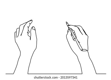 continuous line writing hand. male hand hold black pen write on the wall isolated on white with clipping path