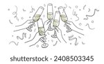 Continuous line yellow champagne cheers one line art, continuous drawing contour on white background. 5 Wine glasses with drinks. Cheers toast festive decoration for holidays. Vector illustration
