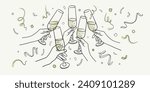Continuous line yellow champagne cheers one line art, continuous drawing contour on white background. 5 Wine glasses with drinks. Cheers toast festive decoration for holidays. Vector illustration