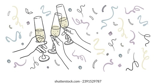 Continuous line yellow champagne cheers one line art, continuous drawing contour on white background. 3 Wine glasses with drinks. Cheers toast festive decoration for holidays. Vector illustration