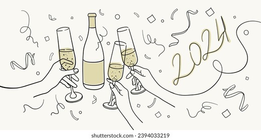 Continuous line yellow champagne cheers one line art, continuous drawing contour on yellow background. 3 Wine glasses with drinks. Cheers toast festive decoration for holidays. Vector illustration