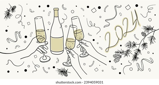 Continuous line yellow champagne cheers one line art, continuous drawing contour on yellow background. 3 Wine glasses with drinks. Cheers toast festive decoration for holidays. Vector illustration