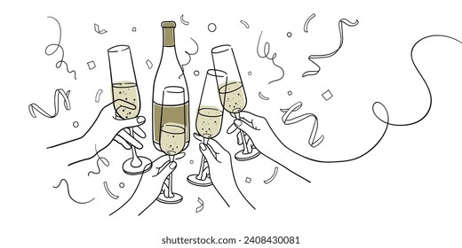 Continuous line yellow champagne cheers one line art, continuous drawing contour on white background. 4 Wine glasses with drinks. Cheers toast festive decoration for holidays. Vector illustration