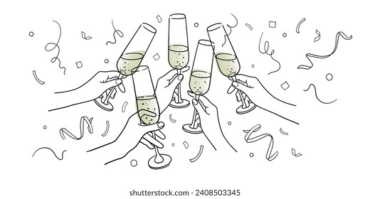 Continuous line yellow champagne cheers one line art, continuous drawing contour on white background. 5 Wine glasses with drinks. Cheers toast festive decoration for holidays. Vector illustration
