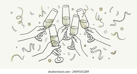 Continuous line yellow champagne cheers one line art, continuous drawing contour on white background. 5 Wine glasses with drinks. Cheers toast festive decoration for holidays. Vector illustration