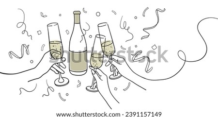 Continuous line yellow champagne cheers one line art, continuous drawing contour on white background. 3 Wine glasses with drinks. Cheers toast festive decoration for holidays. Vector illustration