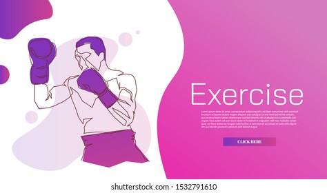 Continuous line yoga boxing for internet advertising.
Influencer marketing, social media or network promotion, SMM banner, landing page, flyer.Vector illustration